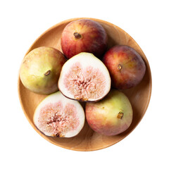 Top view of fresh half fig and whole fruit on wooden plate 