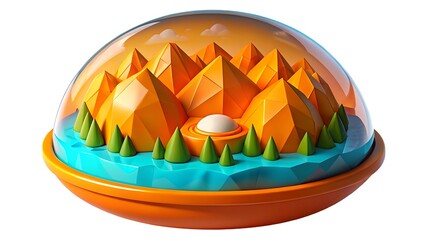 Stylized low poly landscape in a glass dome scene