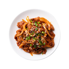 Top view of Korean stir fried spicy pork (Bulgogi) 