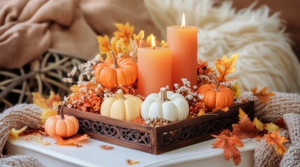 Autumnal candle arrangement with pumpkins and fall leaves on a tray.