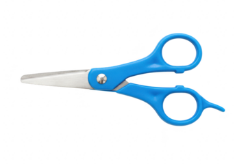 Blue scissors with metal blades, isolated on transparent background, symbolizing cutting and crafting