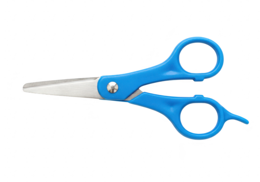 Blue scissors with metal blades, isolated on transparent background, symbolizing cutting and crafting