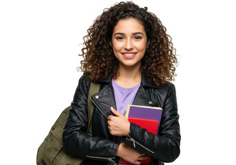 Young smiling student woman with curly hair holding a book and wearing a backpack, isolated on transparent background
