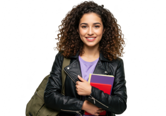 Young smiling student woman with curly hair holding a book and wearing a backpack, isolated on transparent background