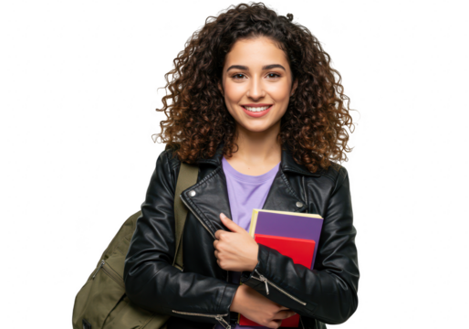 Young smiling student woman with curly hair holding a book and wearing a backpack, isolated on transparent background - Powered by Adobe