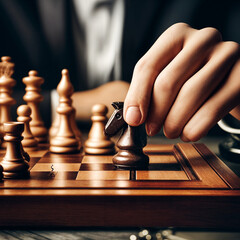 Close-up of a hand holding a chess piece as it makes a move on the chessboard.