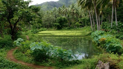 Tropical pond lush greenery landscape