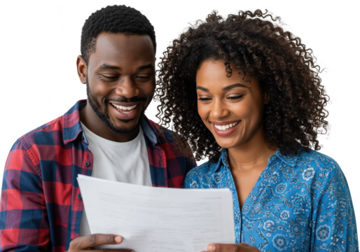 Happy african american couple smiling while looking at a document together, isolated on transparent background
