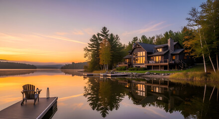 Fototapeta premium Lake house reflecting on the water at sunset with chair on the dock
