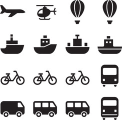 Collection of transportation icons including airplane helicopter hot air balloons boats bicycles and buses isolated on transparent background