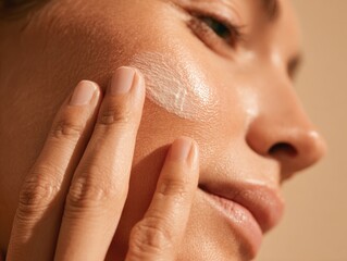 Woman applying facial cream to cheek, demonstrating skincare routine