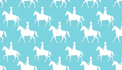Seamless Pattern of White Horse Riders on a Light Blue Background.