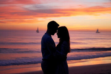 Fototapeta premium Romantic couple embracing on beach at sunset with sailboats sailing in distance, love and connection concept