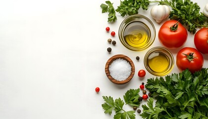 White cooking�background�featuring essential�Italian Mediterranean ingredients.