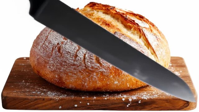 A crusty loaf of bread sits on a wooden board, being sliced with a knife. Flour dusts the bread and board. The background is white
