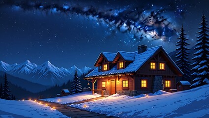Cozy Cabin Retreat under Starry Night Sky a Winter Wonderland Escape with Snow Capped Mountains and Glowing Lights