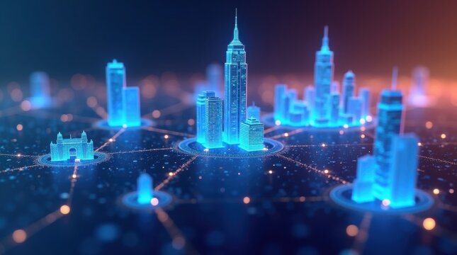 Futuristic city network connection digital cityscape illustration
