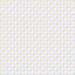 An intricate and clean seamless pattern with a complex geometric design. Small, nested squares and L-shapes in a soft pastel palette of purple, blue, and yellow.