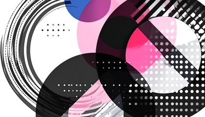 Abstract composition of overlapping circles, lines, and dots in grayscale and vibrant colors