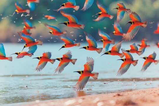 Southern Carmine Bee-eaters in Flight: Vibrant Color and Motion over Luangwa River