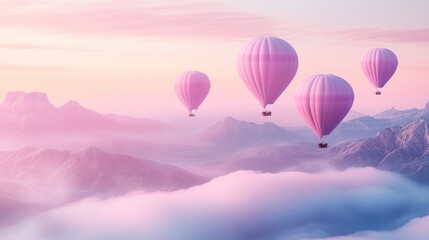 Obraz premium Pastel-colored hot air balloons drift serenely above a misty mountain range at sunrise, creating a dreamy, ethereal scene