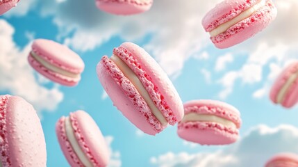 Obraz premium Pink macarons levitate against a bright blue sky with fluffy white clouds, showcasing their delicate texture and creamy filling