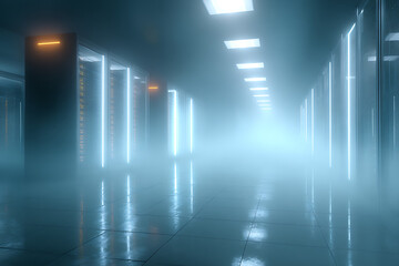 Server room interior with glowing lights, offering data storage and technology solutions for modern businesses