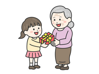 敬老の日に、祖母にプレゼントを渡す、女の子のイラスト｜敬老の日