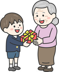 敬老の日に、祖母にプレゼントを渡す、制服を着た男の子のイラスト｜敬老の日