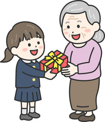 敬老の日に、祖母にプレゼントを渡す、制服を着た女の子のイラスト｜敬老の日