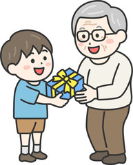 敬老の日に、祖父にプレゼントを渡す、男の子のイラスト｜敬老の日