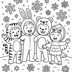 Fototapeta premium Coloring page for kids - Children in animal costumes celebrating winter with snowflakes 