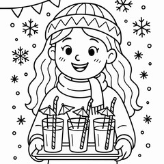 Coloring page for kids - Girl serving cold drinks on tray during winter with snowflakes  