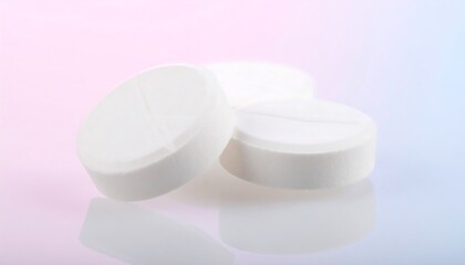 Three white pills on a reflective surface