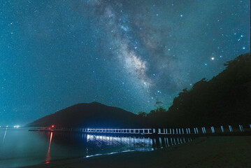 Night landscapes with beautiful starry sky and Milky way and Stars and Aurora