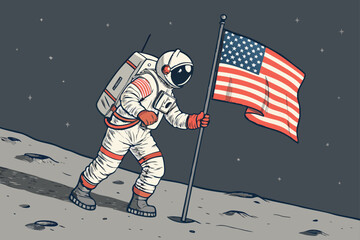 Astronaut plants flag on moon surface, flat.