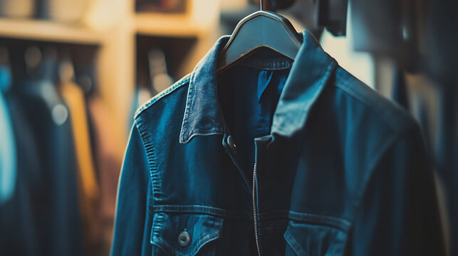 jacket hanging on hanger with soft cinematic film color grading, vintage mood.