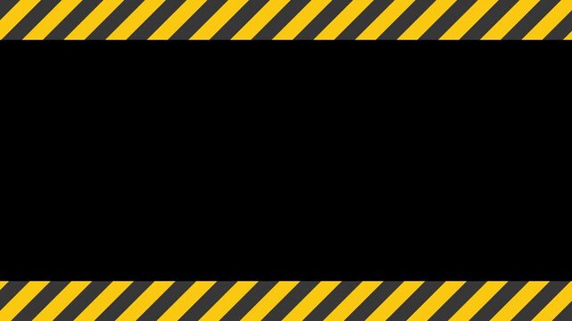 Looped Warning frame animation with yellow and black diagonal stripes. Safety border alert animation with alpha channel for caution, attention, hazard, danger signs in video projects