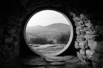 Captivating view of a mountain landscape through an ancient stone arch black and white photography serene environment scenic perspective