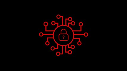 Red circuit board lock icon on black background security