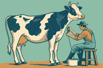 Farmer milking cow on wooden stool, traditional farm, rustic, natural light, agricultural scene, rural life, livestock, dairy, work.