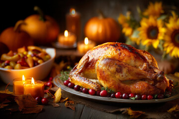 Roasted thanksgiving turkey garnished with cranberries and rosemary on festive table
