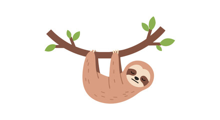 Cute cartoon sloth hanging from a tree branch taking a nap in a peaceful relaxed pose with a happy expression