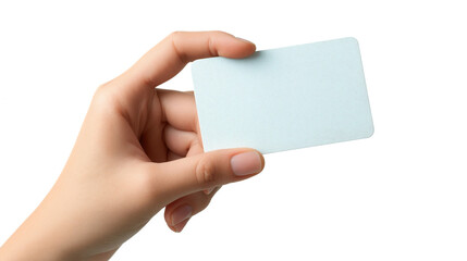 Woman hand holding empty business card on white background