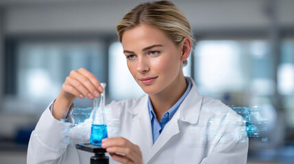 Female Scientist Inspecting Blue Liquid in Flask in Laboratory Setting with Digital Overlay