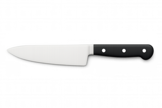 Professional kitchen knife resting on transparent surface, featuring gleaming stainless steel blade ready for precise food preparation