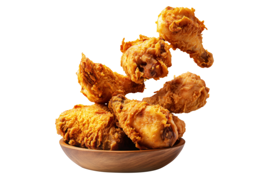 Golden crispy fried chicken drumsticks on wooden plate, isolated on white transparent background. Concept of fast food and comfort meal.