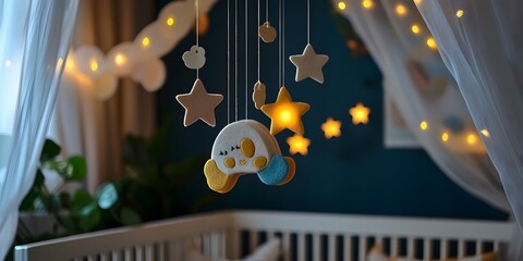 Handmade felt toys above the newborn crib with light garland in the night.