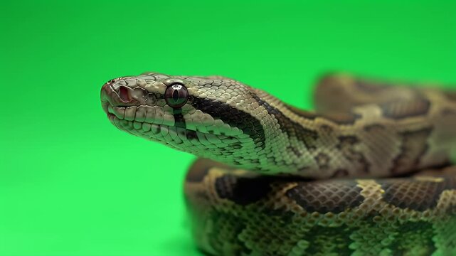 Close-up of a brown patterned snake with red eyes on a vibrant green screen background, ready for chroma key