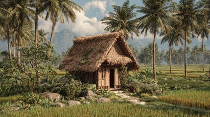 Tropical thatched hut in lush landscape